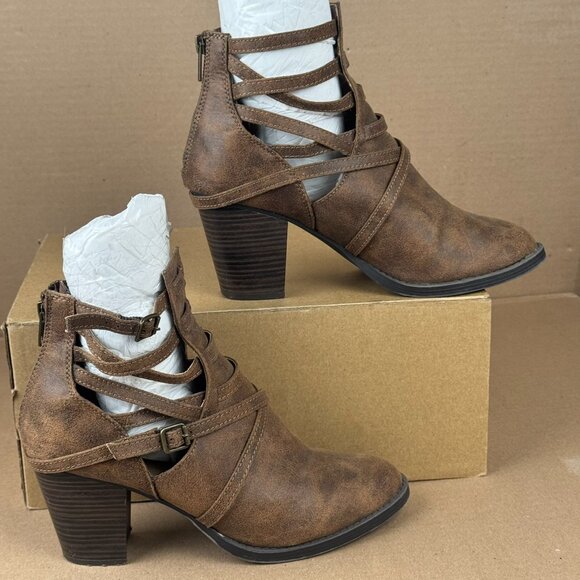 Shoes - JustFab Women’s Brown Strappy Ankle Booties US 10 Block Heel Zip Back Pre-Owned
